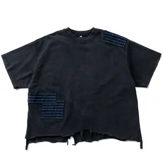 Indigo Patchwork Patch Loose Shoulder Sleeve Short Sleeved Tees Men's Trendy Casual T-shirt