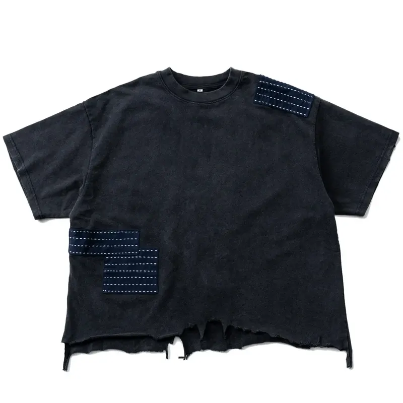 Indigo Patchwork Patch Loose Shoulder Sleeve Short Sleeved Tees Men's Trendy Casual T-shirt