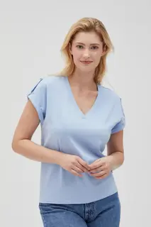 Gładki t-shirt z dekoltem w serek błękitny