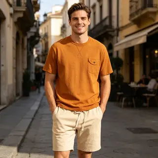 1Set Summer Heavy Cotton Slub Pocket Tee Retro Crew Neck Basic Short Sleeve Loose Drawstring 5in Sports Casual Shorts Men Unisex