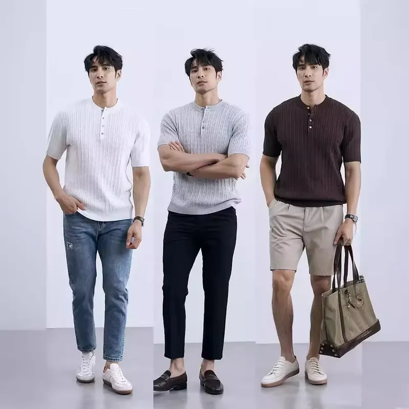 Summer Men's T-shirt Short-sleeved Knitted Sweater Elastic Korean Version Loose American Men's Clothing Men's Top