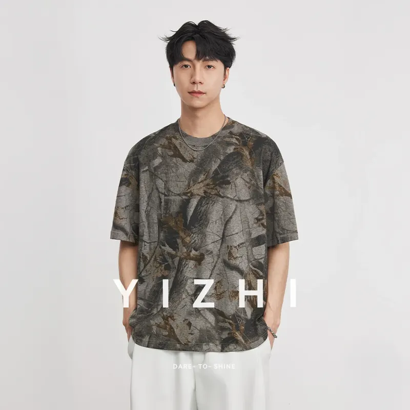 Men's Heavyweight 165g Vintage Print T-Shirt Summer 32S 75D Leaf Vein Texture Crew Neck Casual Short Sleeve
