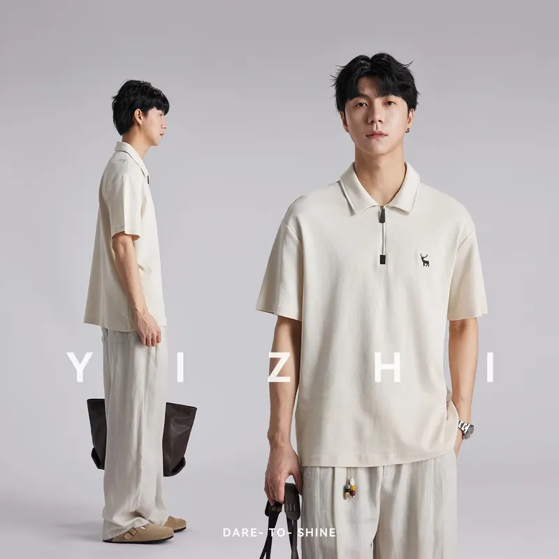 Fashion Men's Minimalist Deer Logo Embroidered Polo Shirt 2026 Summer Loose Half Zip Casual Commuter Short Sleeve Tops