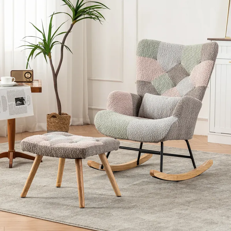 Wygodny kolorowy fotel bujany, wysokość 93 cm, szerokość siedziska 43 cm – z podnóżkiem (49*38*37 cm) i poduszką lędźwiową, stabilna rama z drewna k..