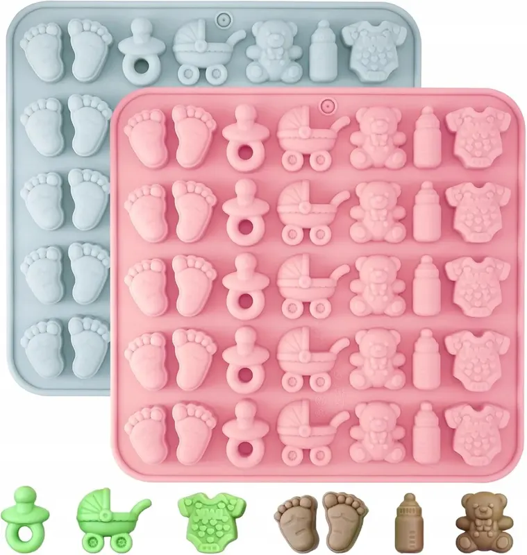 2 FORMY SILIKONOWE BABY SHOWER SMOCZEK WÓZEK MIŚ BUTELKA FONDANT