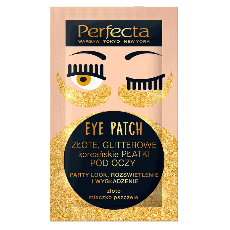Perfecta Eye Patch złote glitterowe koreańskie płatki pod oczy ze złotem, mleczkiem pszczelim i peptydami