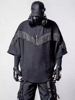 Gothic Men's Sweatshirt 2026 Spring Summer Niche Design Patchwork Tassel Bat Sleeve T Shirt Dark Oversized Long Loose Top