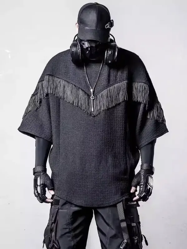 Gothic Men's Sweatshirt 2026 Spring Summer Niche Design Patchwork Tassel Bat Sleeve T Shirt Dark Oversized Long Loose Top