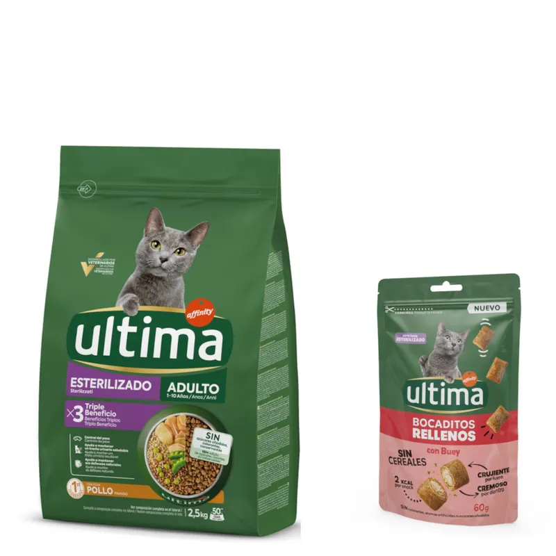 Ultima: karma sucha, 2,5 kg + Snacks nadziewane kawałeczki z wołowiną, 60 g gratis! - Cat Sterilized Adult, kurczak