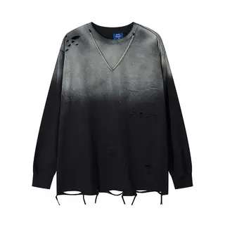 American Retro Dark Style Gradient Hole Color-blocking Round-neck Long-sleeved T-shirt Men Loose Versatile Street Hip-hop Top