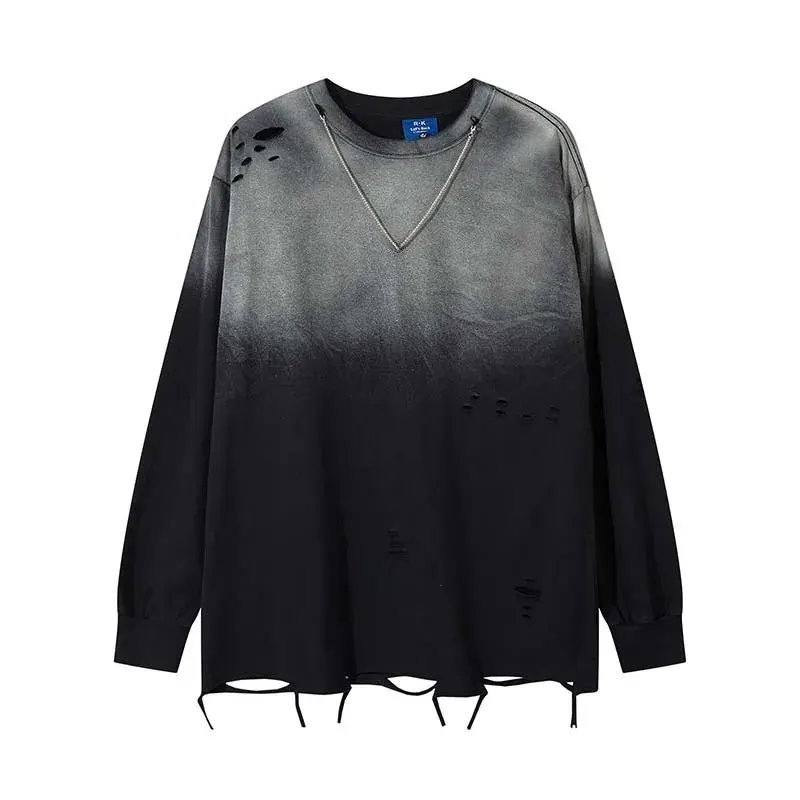 American Retro Dark Style Gradient Hole Color-blocking Round-neck Long-sleeved T-shirt Men Loose Versatile Street Hip-hop Top