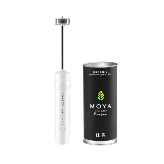 Zestaw: spieniacz do mleka CHiATO nanoPLAY i ekologiczna matcha ceremonialna Moya Matcha Premium – biały