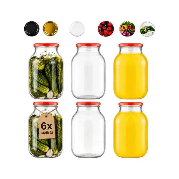 6X SŁÓJ SŁOIK 3L PRZETWORY NALEWKI KISZONKI ALKOHOL 6 szt. + WIECZKO fi100