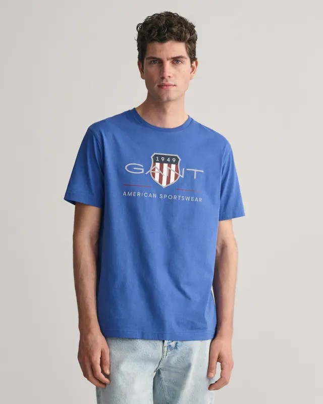Gant T-Shirt Męski Z Nadrukiem Okrągły Kołnierzyk Regular Fit Niebieski