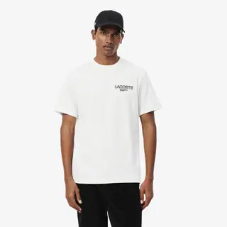 Lacoste Koszulka Z Jerseyu Z Nadrukiem Tenisowym Kremowa Męskie Biały