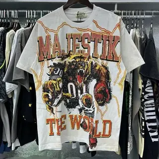 MAJESTIK street tiger print washed and distressed sequined lettering trend casual men's and women's short-sleeved T-shirt