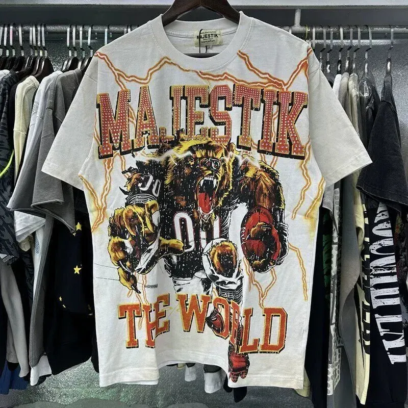 MAJESTIK street tiger print washed and distressed sequined lettering trend casual men's and women's short-sleeved T-shirt