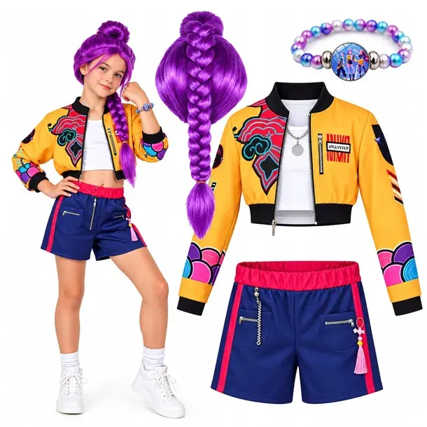 Strój Demon Hunters K-POP Rumi Zestaw 5w1 Kostium Peruka Bransoletka r. 130