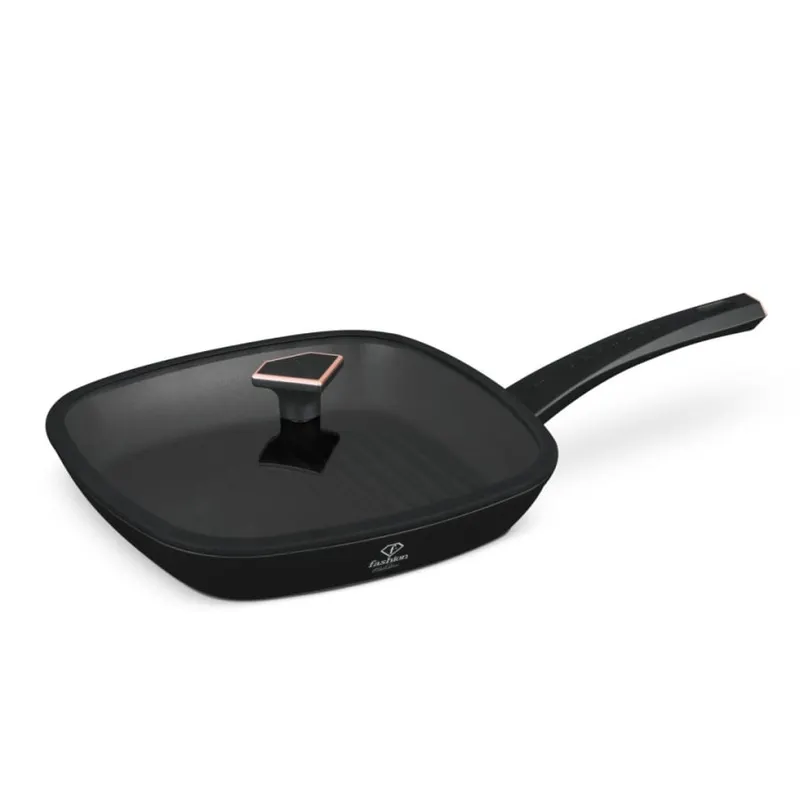 Patelnia grillowa 28cm z powłoką tytanową + pokrywką Fashion TV FTV-0034 Matte Black-Rose Gold