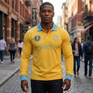 Men's Navy 100% Cotton Long Sleeve Polo Shirt Full-Collar Tee with Kazakhstan Embroidery Casual Sports Clothing