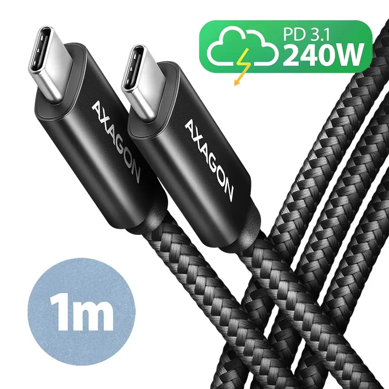 AXAGON BUCM2-CM10AB Kabel USB-C - USB-C, 1.0m 5A charging, ALU, 240W PD, oplot, USB2.0, czarny