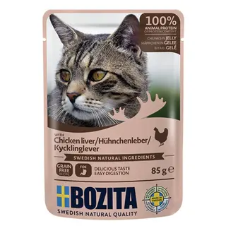 BOZITA Mięsne kawałki w galarecie z wątróbką z kurczaka – mokra karma dla kota – 85g