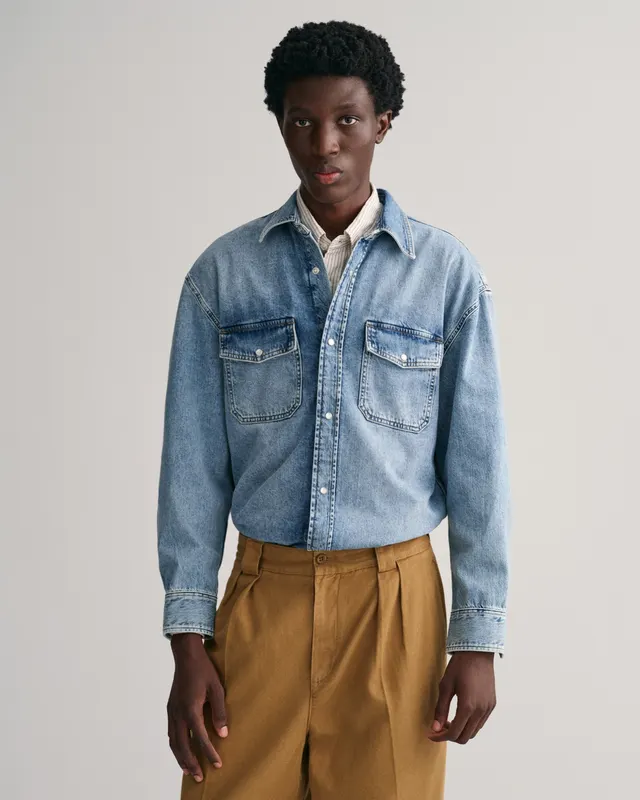 Gant Bawełniana Koszula Męska Z Długim Rękawem Oversize Fit Niebieska
