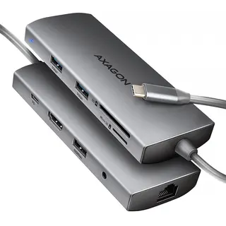 AXAGON HMC-8HLSA Wieloportowy hub USB-C 9w1, 5Gbps, 3x USB-A, HDMI 4K/60Hz, LAN 1Gbps, SD/microSD, audio, PD 100W, kabel 20 cm