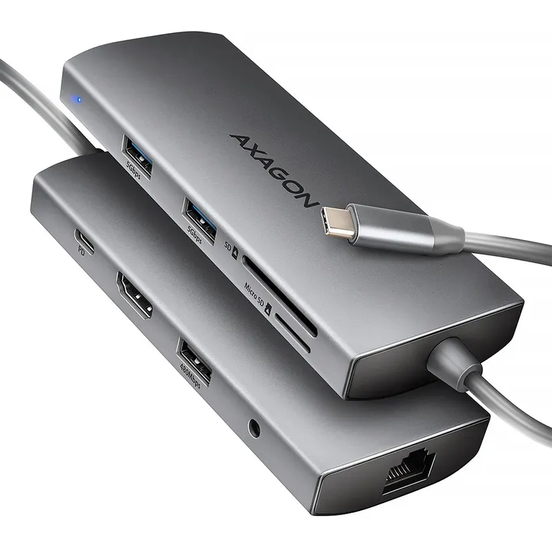 AXAGON HMC-8HLSA Wieloportowy hub USB-C 9w1, 5Gbps, 3x USB-A, HDMI 4K/60Hz, LAN 1Gbps, SD/microSD, audio, PD 100W, kabel 20 cm