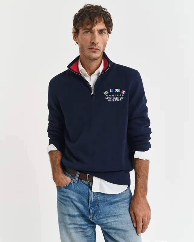 Gant Sweter Męski Z Długim Rękawem İ Zamkiem Do Połowy Regular Fit
