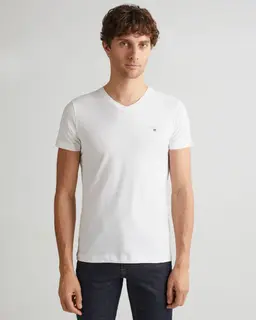 Gant Bawełniana Koszulka Męska Z Dekoltem V Slim Fit Biała