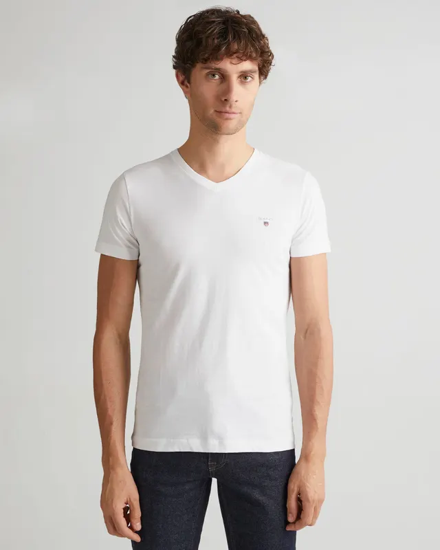 Gant Bawełniana Koszulka Męska Z Dekoltem V Slim Fit Biała