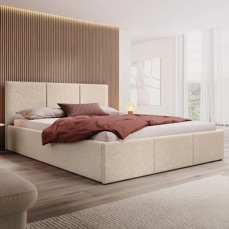 Łóżko tapicerowane z pojemnikiem SFG0111 | 160x200 | Boucle | Beż | OUTLET