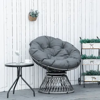 Fotel papasan, fotel wiklinowy z poduszką, obrót 360 stopni, rattan szary, szer.87 x gł.97 x wys.86 cm