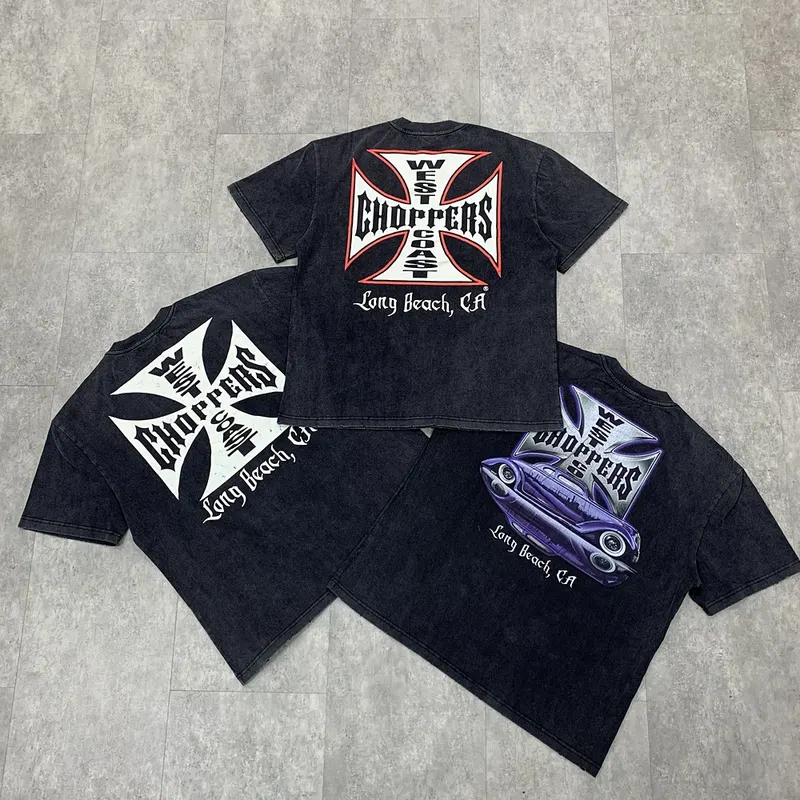 West Coast Choppers Iron Cross Vintage Washed Water-Rubbed Vintage Hole-Embossed Short-Sleeved T-Shirt