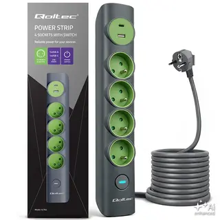 Qoltec Listwa zasilająca z podświetlanym włącznikiem | 4gniazda z uziemieniem | 1xUSB-C 15W | 1xUSB 12W | 1.8m