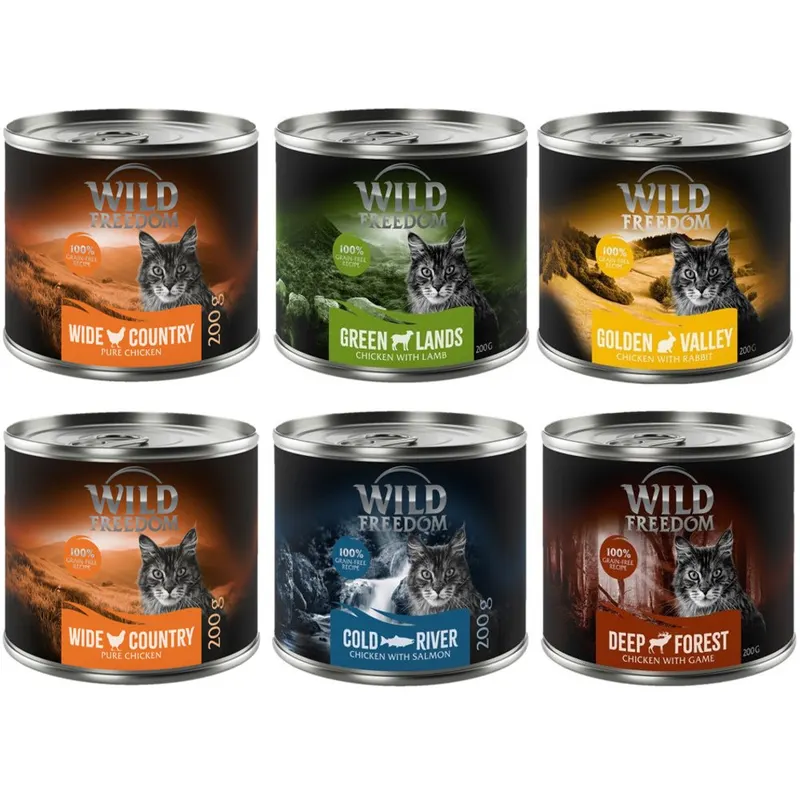 Mieszany pakiet próbny Wild Freedom Adult - 6 x 200 g: 2x kurczak, mintaj, jagnięcina, królik, dziczyzna