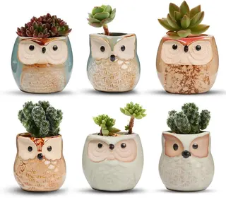 Ceramiczne doniczki z sową, zielone, 6 szt. 6,5 cm, z drenażem