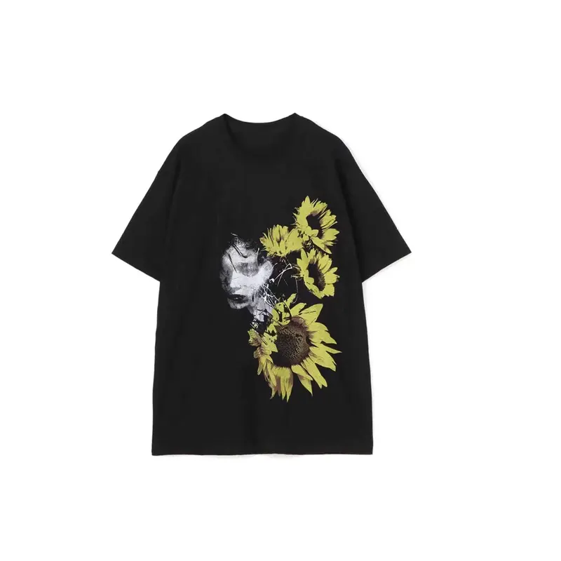 YAMAMOTO-Style T-shirt ,HighQuality Dark Theme 22SS "Sunflower Girl" Pattern Printed,100% Cotton Loose Short-Sleeved