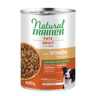 9 + 3 gratis! Natural Trainer, karma mokra, 12 x 400 g / 415 g Pate Medium & Maxi Adult, cielęcina, 12 x 400 g