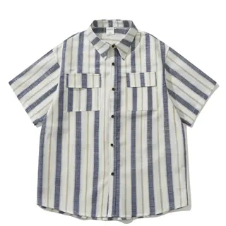 Summer Japanese Retro Amekhaki Striped Pocket Patchwork Workwear Shirt Men and Women's Loose Five Quarter Sleeved Shirt Trendy