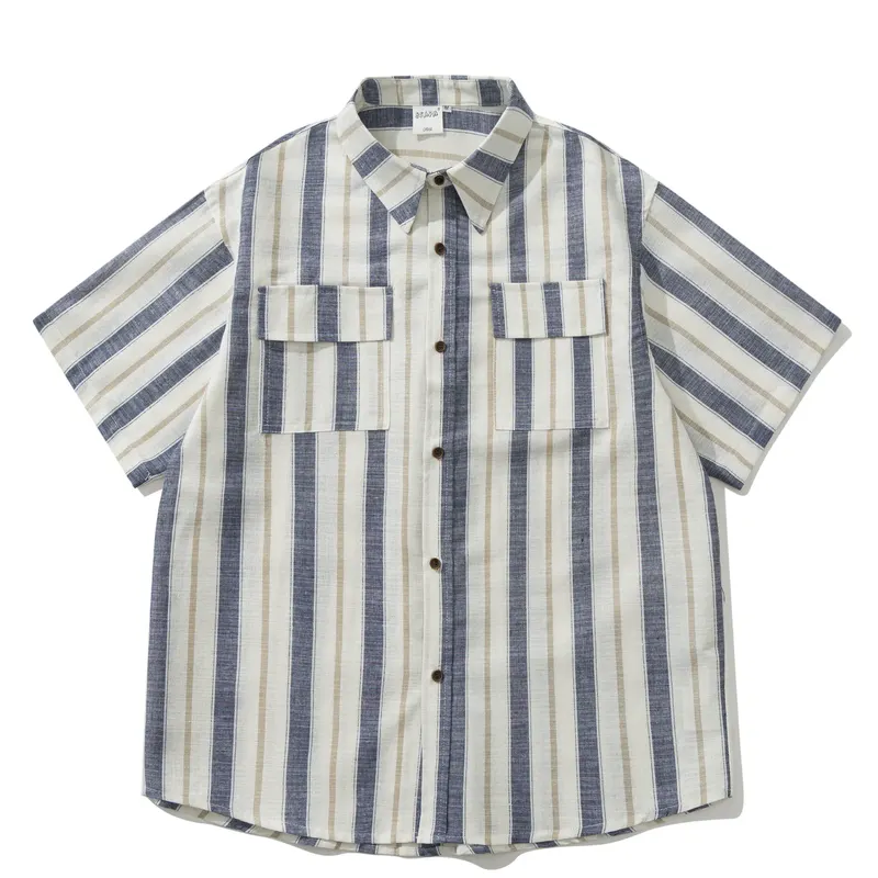 Summer Japanese Retro Amekhaki Striped Pocket Patchwork Workwear Shirt Men and Women's Loose Five Quarter Sleeved Shirt Trendy