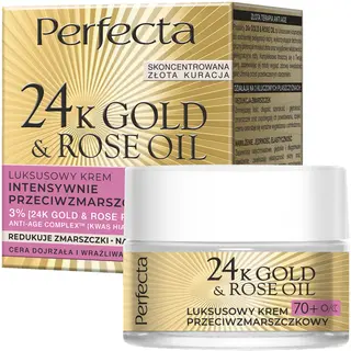 Perfecta 24K Gold&Rose Oil luksusowy krem przeciwzmarszczkowy 70+ na dzień i noc z 3% kompleksem 24K Gold & Rose Power, kwasem hialuronowym i kolagenem 50 ml
