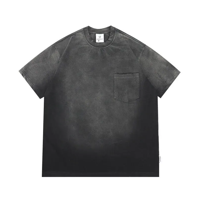 Japanese Retro Washed Distressed Dye Short Sleeved T-shirt for Men's Trendy Loose Casual Short Sleeved Top