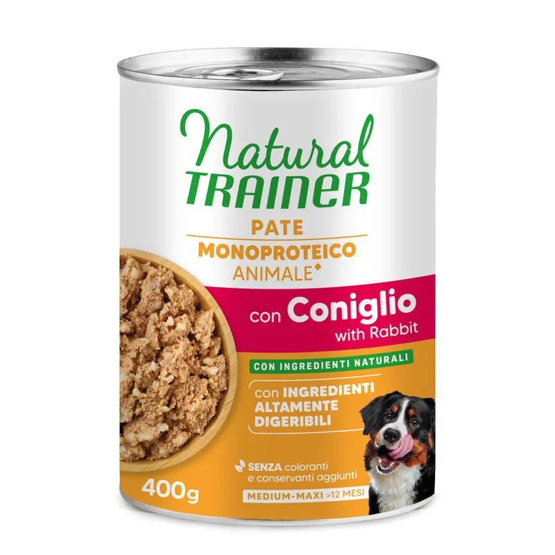 9 + 3 gratis! Natural Trainer, karma mokra, 12 x 400 g / 415 g - Pate Monoproteico Medium & Maxi Adult, królik i zboża pełnoziarniste, 12 x 400 g