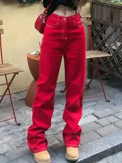 Czerwone damskie spodnie jeansowe - Czerwony XXL