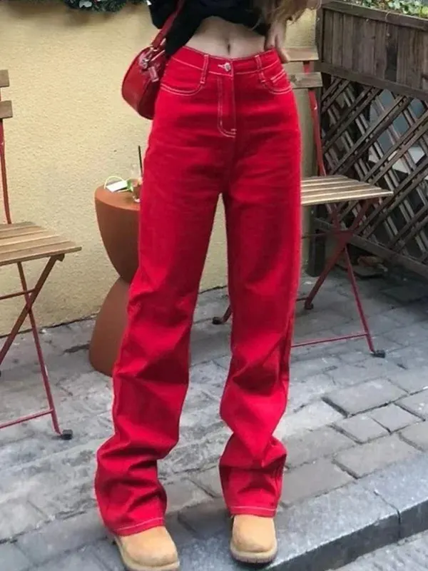 Czerwone damskie spodnie jeansowe - Czerwony S
