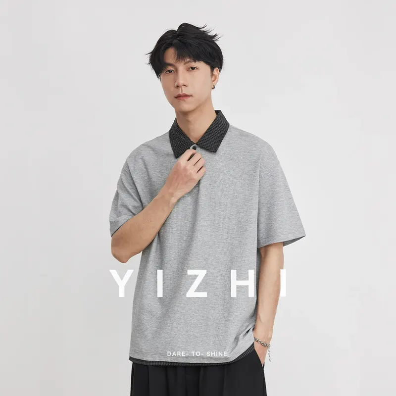 Heavy 230g American Retro Plaid Lapel Polo Shirt Men's 2026 Spring Fake Two-piece High-end T-shirt Short Sleeves