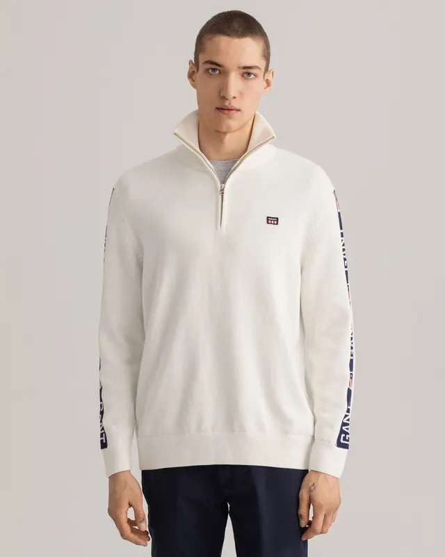 Gant Męski Biały Sweter Regular Fit Half-Zip Z Logo