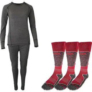 Accezzi merino bielizna narciarska + 3 pary skarpet narciarskich merino, czerwony, damski